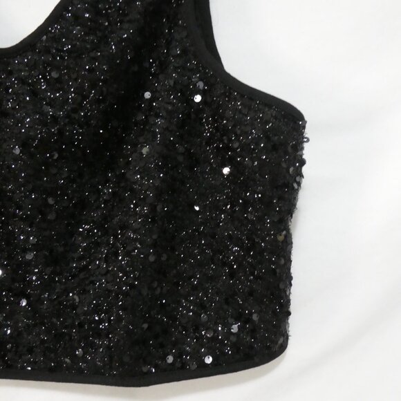 Unbranded | P2P 19 inches measured | Lined Black Sequin Zip-Up Front Crop Top - Picture 14 of 14